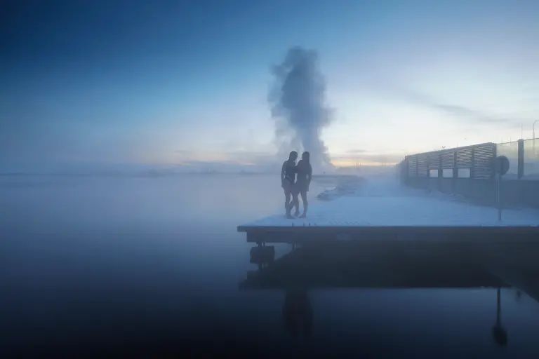 Two girls at the Laugarvatn Fontana pools during winter