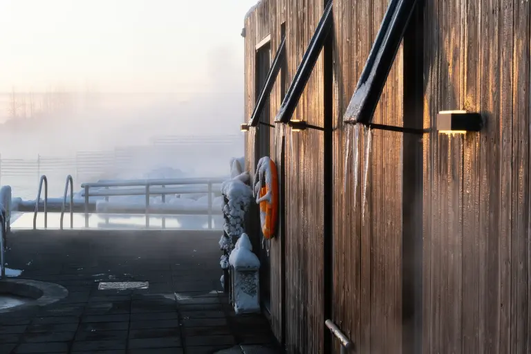 Saunas in winter of the Laugarvatn Fontana