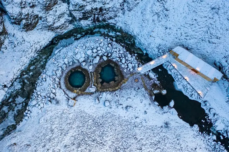 Husafell Canyon Baths in winter - from above