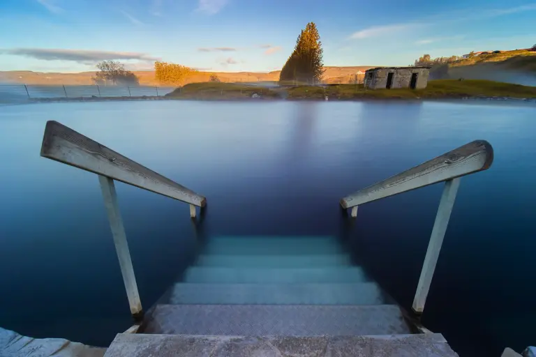 Wooden stairs into the Secret Lagoon pool