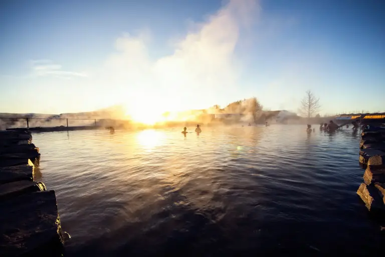 Secret Lagoon pool during sunset