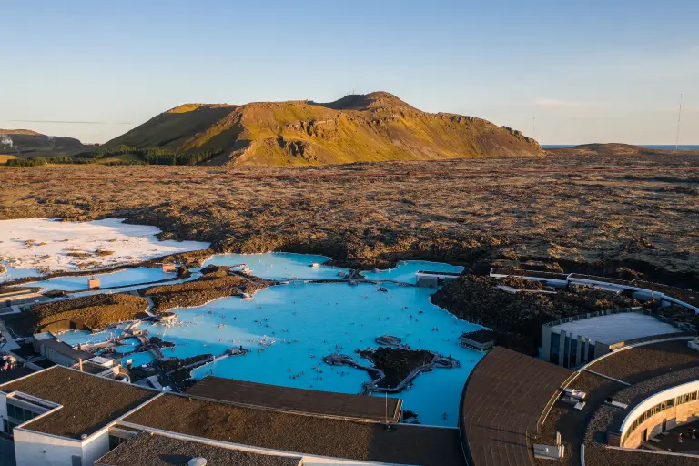 Volcanos and the Blue Lagoon from the air in the morning