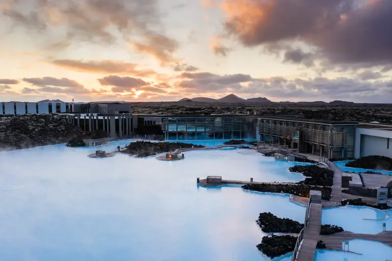 Blue Lagoon in the evening, displaying its stunning blue water pool