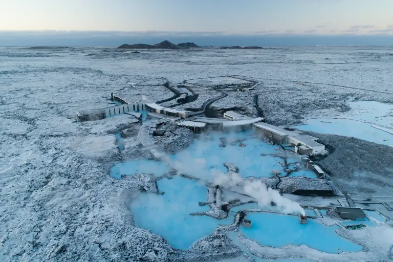 A panorama of Blue Lagoon covered in snow, in Winter