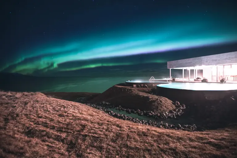 Aurora borealis above the GeoSea pools