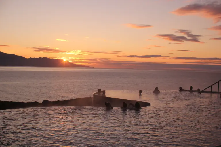 Panoramic sunset view of the GeoSea pool