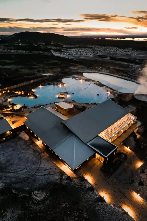 Myvatn Nature Baths in the evening - a panorama of the entire complex